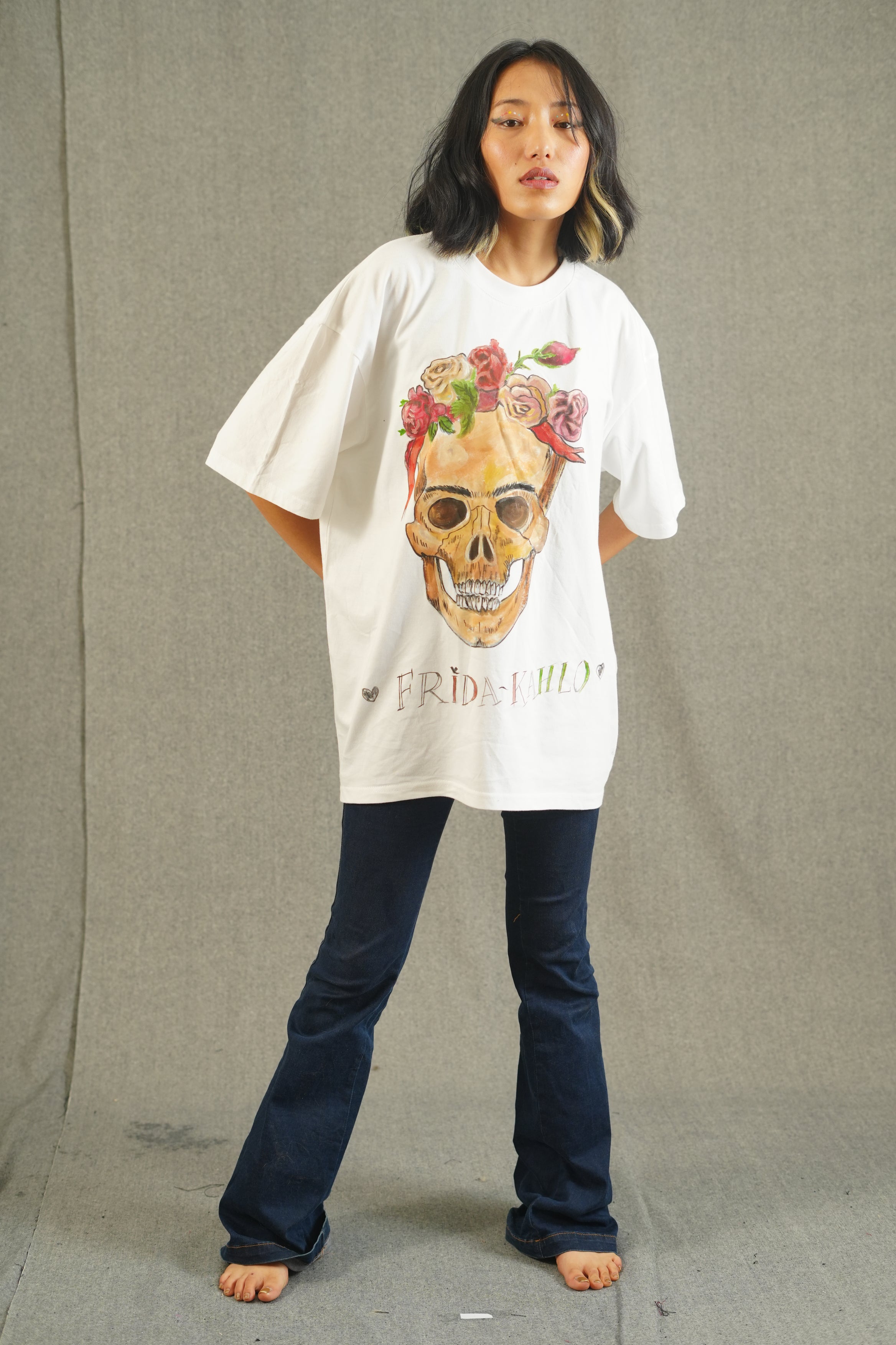 Hand Painted Skull white tee