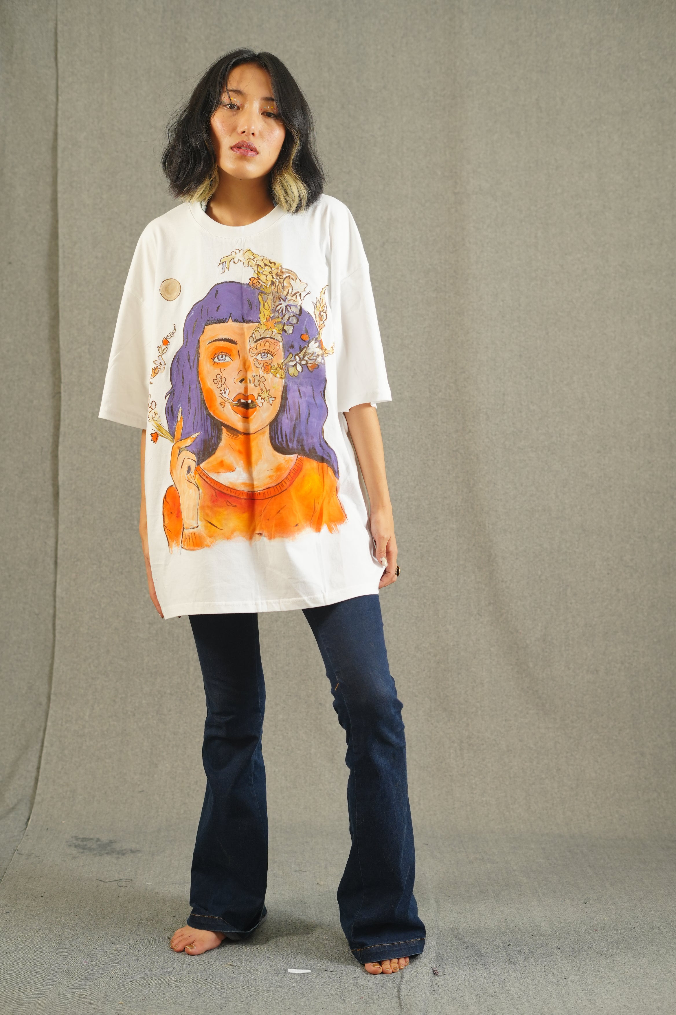 Hand Painted Girl smoking flowers white tee