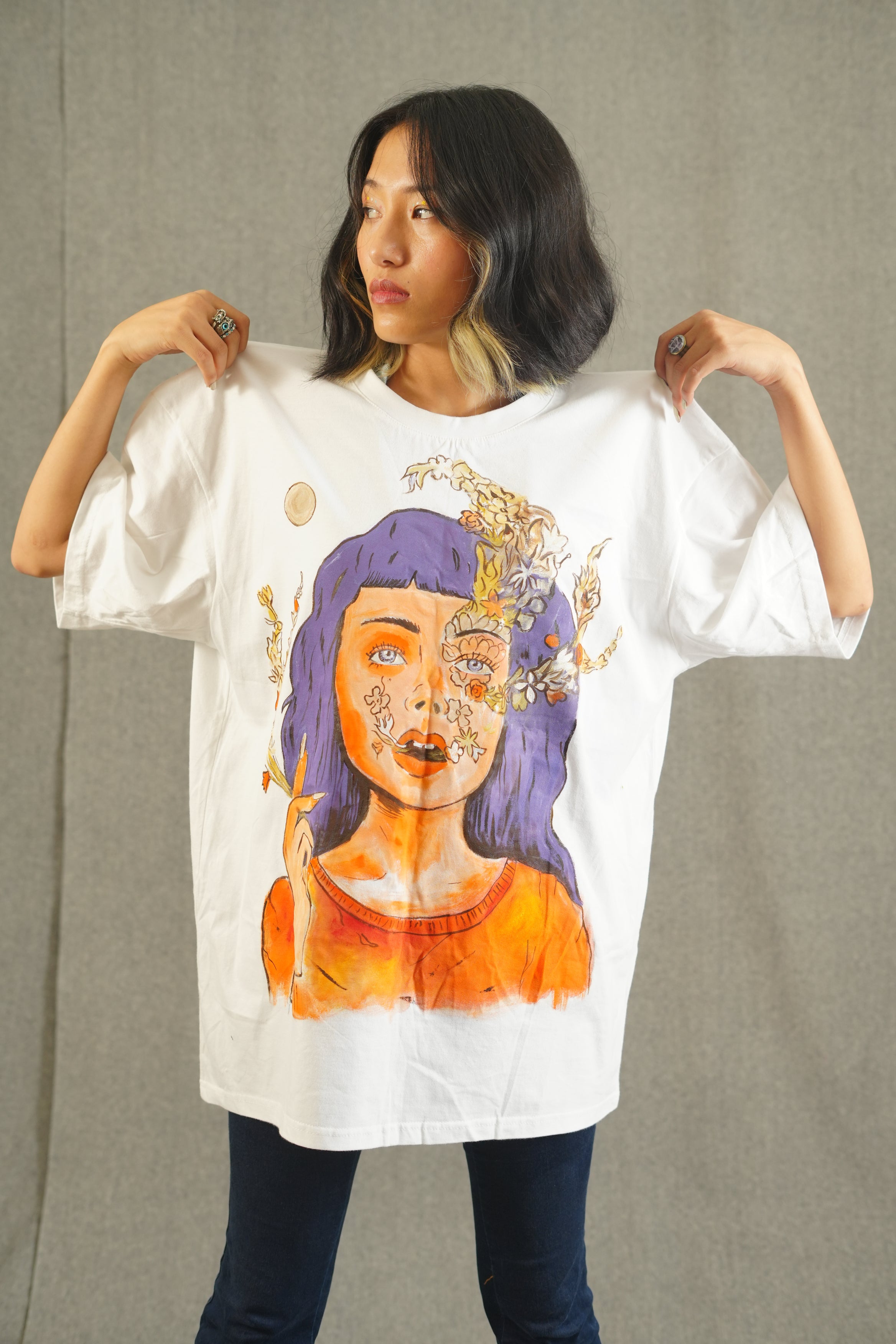 Hand Painted Girl smoking flowers white tee