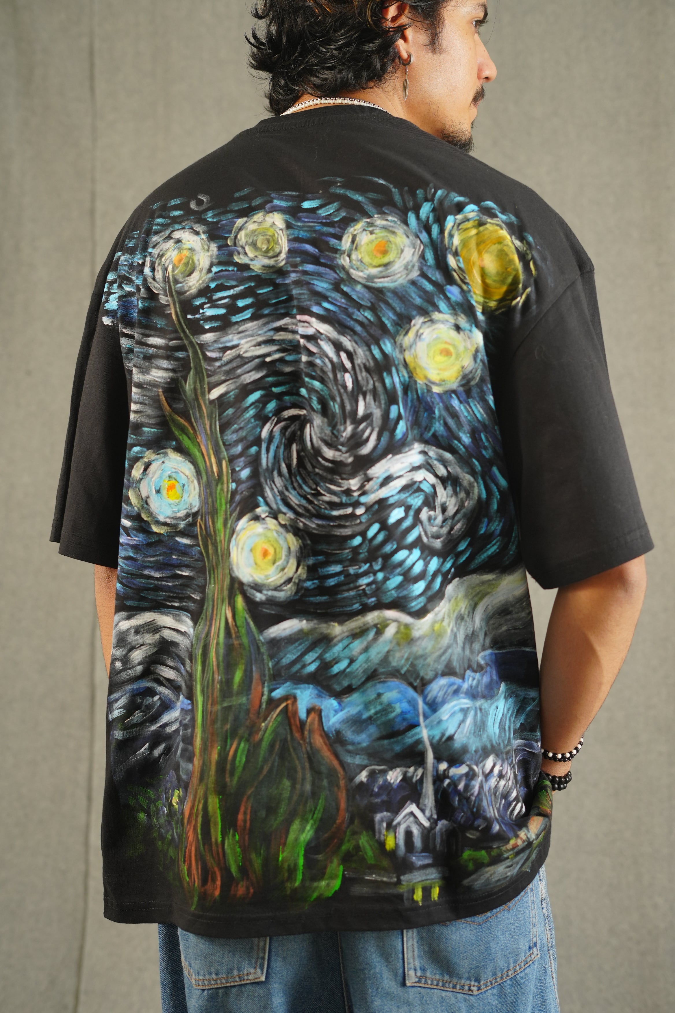 Hand Painted Starry night black tee