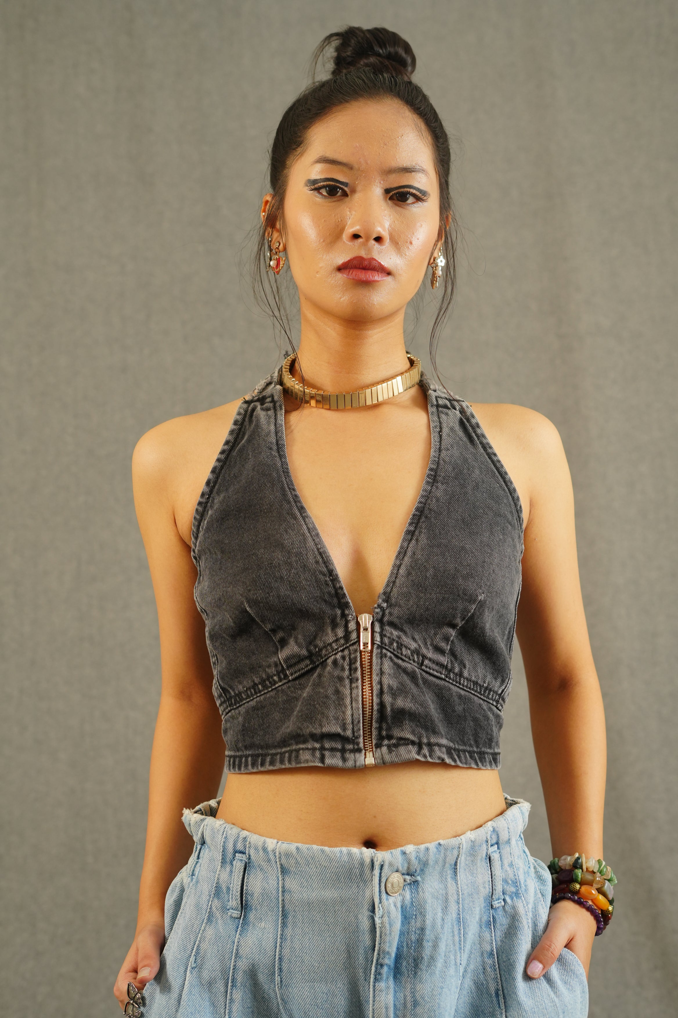 Urban Rebel Chain Grey Wash Denim Top